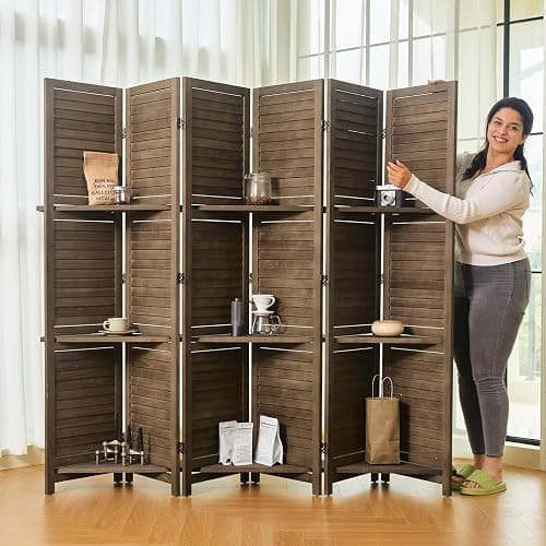 Partition Room Dividers, Folding Wood Privacy Screen with Three Display Shelves Suitable for Home Office, Study, Art Display - 6 Panel, 67 * 77inch (Brown) - Image 1