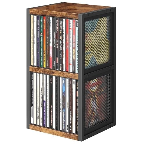 ELITEROO CD Holder Desk Rack Organizer, Wooden CD Storage Stand Holds up to 30 Cd Cases, 2 Tier CD Tower with Mesh Sides, Retro Small CD Display Shelf for Theatre Room, Home Collectibles, Rustic Brown - Image 1