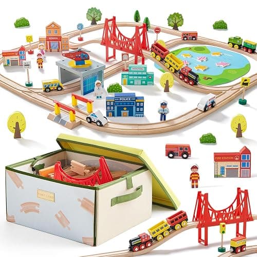Tiny Land 110pcs Wooden Train Set with Folding Storage Box, Wooden Train Track Toy for Boys & Girls, Age 3-7, Includes Convenient Storage - Image 1