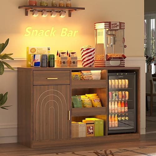 Snack Bar Cabinet with Mini Fridge Space, Mini Fridge Cabinet with Storage, Coffee Bar Cabinet with Drawer, Power Outlets, Snack Organizer with LED Lights for Home, Movie Room, Game Room (Walnut) - Image 1