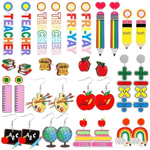 Junkin 16 Pairs Teacher Earrings for Women Back to School Teacher Gifts Bulk Fun Rainbow Apple Book Pencil Ruler Blackboard World Map Dangle Earrings Set Appreciation Gifts for Women - Image 1