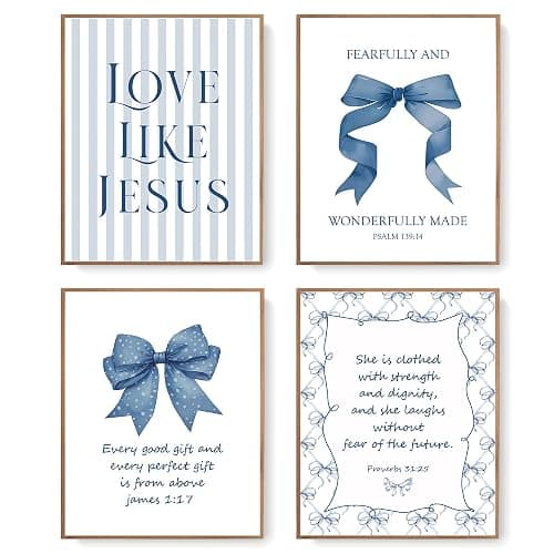 LARTSFRO Coquette Navy Blue Bow Jesus Wall Art Decor Posters, Blue Bow Christian Room Bedroom Bathroom Wall Art Decor Aesthetic for Teen Girls College Gifts, Inspirational Bible Verses Bow Wall Decor, 10x8 Inch Set of 4 Bow Pictures(UNFRAMED) - Image 1