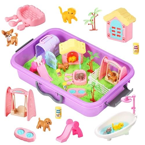 Carolart Pet Sensory bin,Dog and Cat Sandbox for Kids,Kids Play Sand Kit,Pet Play Set with Sensory Sand,Pet Care Play Set,Role Pretend Play Beach Toy Birthday Gift for Girls Boys 3 4 5 6 Years Old - Image 1
