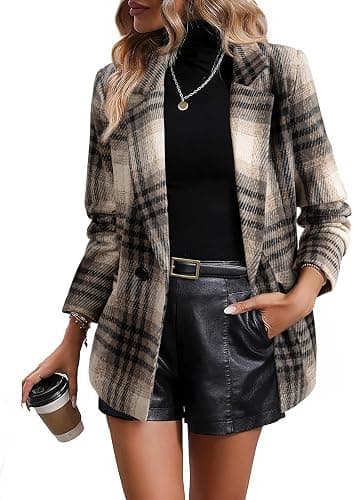 Happy Sailed Women’s Plaid Blazer Classic Lapel Collar Double Breasted Open Front Blazers Jackets Work Suit with Pockets - Image 1