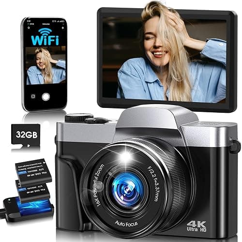 4K Digital Camera for Photography with WiFi,64MP Autofocus Vlogging Camera for YouTube,3'' 180° Flip Screen Compact Travel Camera for Teens with 32GB SD Card,16X Zoom,Anti-Shake,2 Batteries(Black) - Image 1