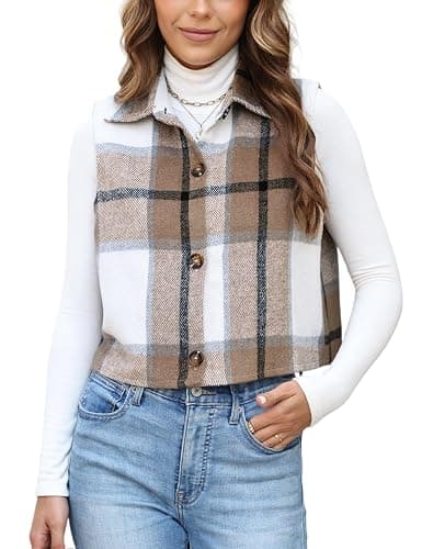 UANEO Womens Fall Cropped Plaid Vest Flannel Button Down Sleeveless Shirt Jacket Lapel Collar Gilet - Image 1