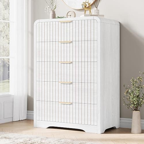 Jocoevol 5 Drawer Dresser for Bedroom, Tall Chest of Drawers, Fluted Wood Dresser with Curved Profile Design, Modern Vertical Storage Dresser for Living Room, White Dresser - Image 1