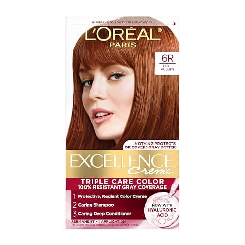 L'Oreal Paris Excellence Crème Permanent Hair Dye, Triple Care Hair Color with Hyaluronic Acid for 100% Gray Coverage, 6R Light Auburn, 1 Kit (Packaging May Vary) - Image 1
