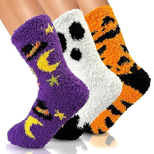 AIVEI 72-Needle Super Cozy Halloween Fuzzy Socks for Women Funny Crazy Cute Fluffy Warm Slipper Socks for Girls 3 Pairs, Halloween Gifts Boo Spooky Basket Stuffers - Image 1