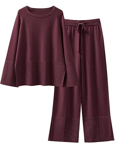 ANRABESS Womens 2 Piece Outfits Oversized Knit Sweater Set Wide Leg Pant Cozy Lounge Matching Pajama Sets 2024 Trendy Clothes - Burgundy - X-Large - Image 1
