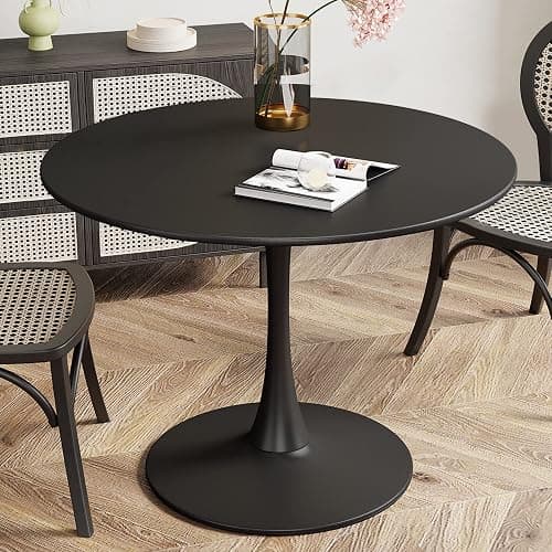 Recaceik Modern Round Dining Table, 31.5'' Tulip Table with MDF Table Top & Metal Pedestal Base for Dining Room Living Room Cafe, Kitchen Table w/ 0.71” Thickened Tabletop for 2-4 People, Black - Image 1