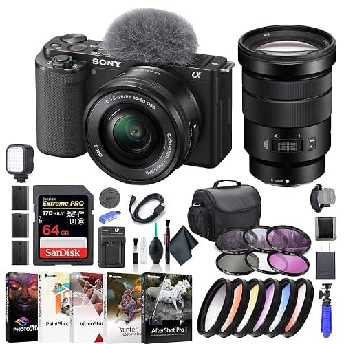 Sony ZV-E10 Mirrorless Camera with 16-50mm Lens Black ILCZV-E10L/B, Sony 18-105mm Lens, 64GB Memory Card, Color Filter Kit, Filter Kit, Corel Photo Software, Bag, and More - Image 1