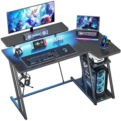 HOMIDEC Gaming Desk with LED Lights, 100CM Computer Desk with Monitor Stand, L Shaped Corner Desk with Headphone Hook and Shelves for Gaming Room, Bedroom, Office, Black - Image 1