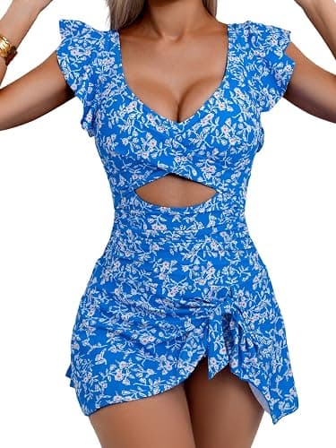 Aidonger One Piece Swimdress Swimsuit for Women Tummy Control Ruffle Swim Dress Skirt V Neck Cutout Wrap Bathing Suit - Image 1