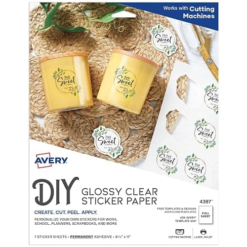 Avery Printable Sticker Paper, 8.5" x 11", Glossy Clear, Permanent Adhesive, Laser/Inkjet Compatible, 7 Full-Size Label Sheets, Great for Product Branding, Cute Stickers, Custom Signs, and More (4397) - Glossy Clear - Pack of 7 - Sticker Paper - Image 1