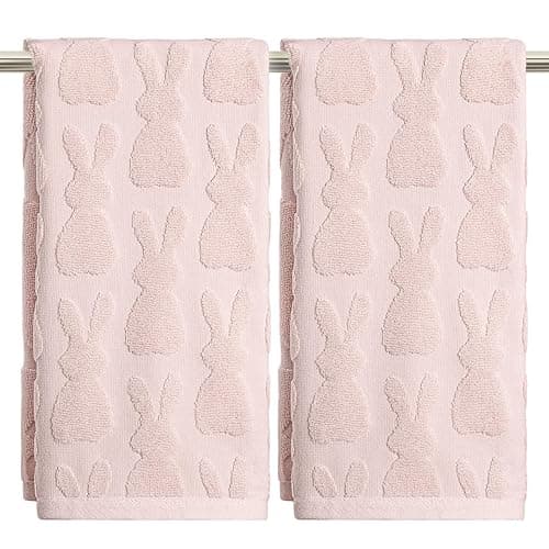 Artoid Mode 2 Pcs Pink 3D Rabbit Jacquard Easter Hand Towels for Bathroom, 100% Cotton Soft Absorbent Bathroom Decor Towels, 13.7 x 29.5 Inch - Image 1