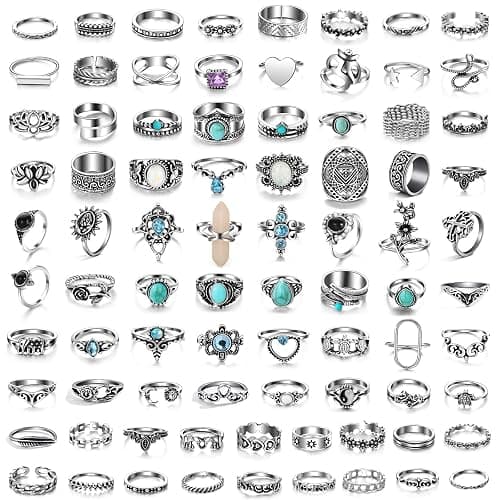 17IF Vintage Silver Knuckle Rings Set for Women Men, Chunky Rings Aesthetic Snake Grunge Stackable Gothic Ring Adjustable Y2K Punk Bulky Boho Finger Alt of Rings, Stacking Fairy Skull Frog Heart Star Flower Midi Ring Pack - Image 1