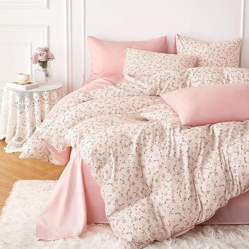 Wake In Cloud - Floral Comforter Set, Coquette Cottagecore Aesthetic Cute Flower Pattern for Women Teen Girls, Soft Lightweight Dorm Bedding, 3 Pieces, Dusty Pink, Full Size - Image 1