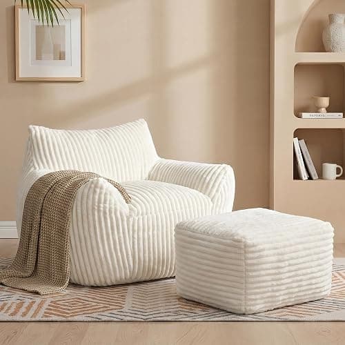 zzlay Giant Bean Bag Chair for Adults, Large Cloud Comfy Bean Bag with Ottoman & Armrests, Stuffed Beanbag Chair for Reading, Gaming, Napping, Beige - Image 1