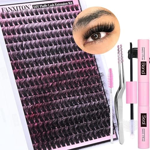 FANXITON DIY Lash Extension Kit Fluffy Lash Clusters 288 pcs Thick Lash Clusters Kit D Curl 10-18 mm Cluster Eyelash Extension Kit with Lash Bond and Seal Lash Tweezers Individual Lashes For Beginners - (HZ 01)DIY Lash Extension Kit-288pcs - Image 1