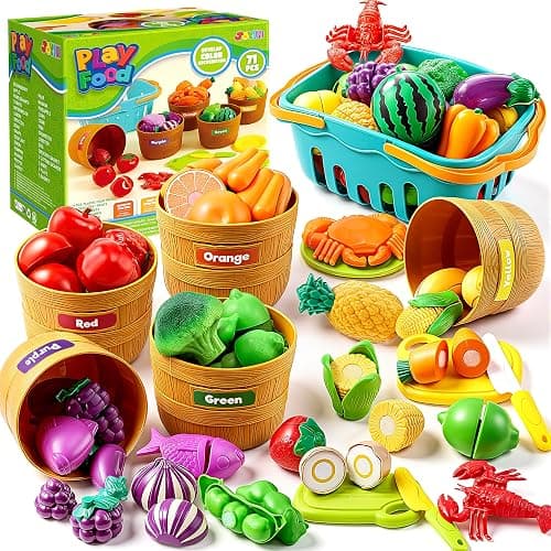 JOYIN Learning Toys Play Food Set for Toddlers, Cutting Food for Preschool Activities, Play Kitchen Accessories, Educational Toys, Color Sorting Set for Boys & Girls, Back to School Gifts for Toddlers - Image 1