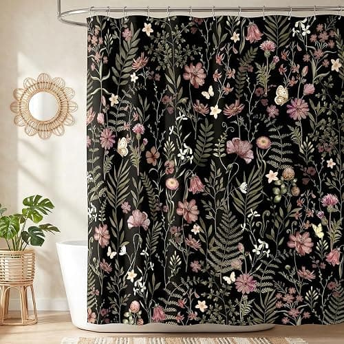 Lindameler Moody Black Botanical Shower Curtain Vintage Floral Bathroom Curtain Dark Wildflower Modern Bathroom Decor (Black, 72 X 72 INCH) - Image 1
