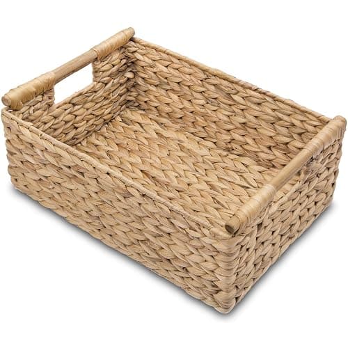 VATIMA Hyacinth Large Wicker Basket 15.5x10.8x6.2" - Rectangular, Wooden Handles, Shelf Organizer - Image 1