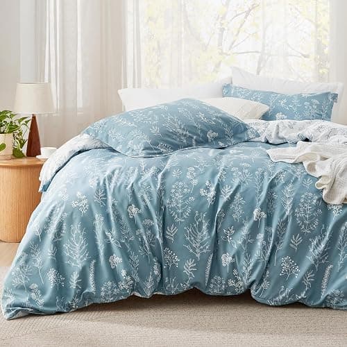 Bedsure Queen Comforter Set - Mineral Blue Bed Set, 3 Pieces Cute Floral Bedding, 1 Soft Reversible Botanical Flowers Comforter and 2 Pillow Shams - Image 1