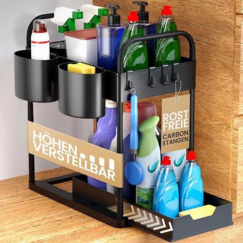 HELDENWERK Unter Waschbecken Regal für Spülenunterschrank höhenverstellbar mit 2 Etagen in schwarz I Küchen Organizer Unterschrank Gewürzregal I Waschbeckenunterschrank Organizer - Image 1