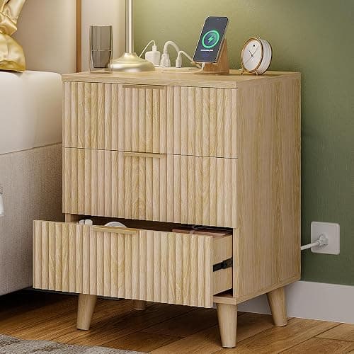 Lulive Wood 3 Drawers Dresser Fluted Night Stand with Charging Station, Storage Nightstand Modern Side Table, Bedside Table for Bedroom, Entryway Natural - Image 1