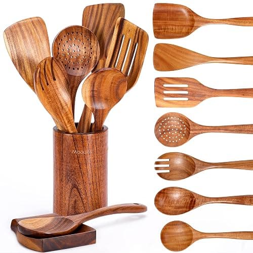 Mooues 9 Piece Natural Teak Wooden Kitchen Utensil Set with Spoon Rest - Comfort Grip Cooking Spoons and Utensils Holder - Image 1