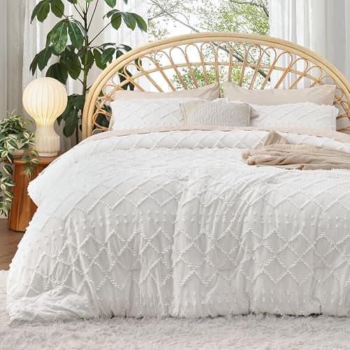Bedsure Full Comforter Set - White Comforter, Boho Tufted Shabby Chic Bedding for Kids, 3 Pieces Vintage Farmhouse Bed Set for All Seasons, Fluffy Soft Bedding with 2 Pillow Shams - Image 1