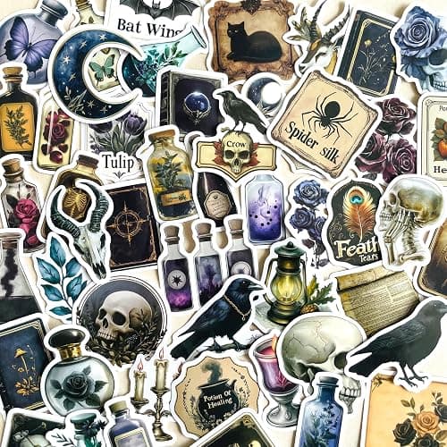 50 PCS Gothic Dark Academia Stickers – Vintage Witchcraft Occult Aesthetic Decals for Laptop, Water Bottle, Journal, Scrapbook – Skull, Crow, Potion, Witchy Decor Stickers for Teens & Adults - Image 1