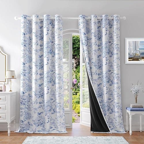 Beauoop Floral 100% Blackout Curtains for Bedroom Navy Blue 50x63 2 Panels | Rose Flower Patterned Room Darkening Drapes for Living Room 90 Inch Long Farmhouse Thermal Insulated Soundproof Grommet - Image 1