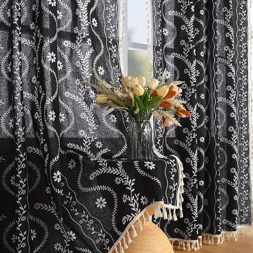 Boho Curtains for Living Room 63 Inches Long Semi Sheer Linen Floral Curtains Vintage Farmhouse Window Curtain 2 Panel Sets for Dining Room Kitchen Black - Image 1