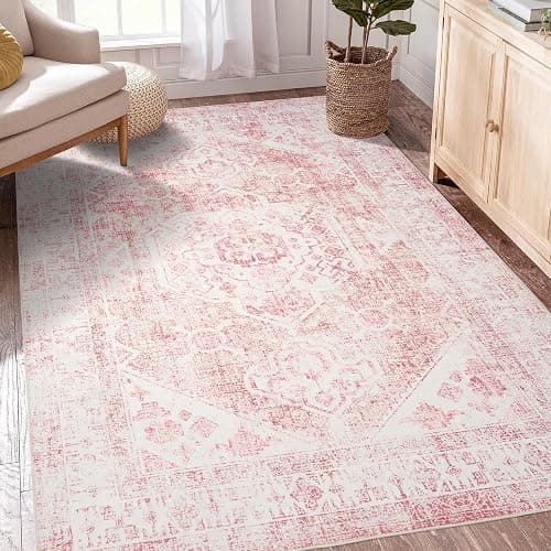3x5 Washable Pink Area Rug, Upgraded Denser Surface Vintage Rugs, Honeycomb Non-Slip Backing Living Room Rug, Easy Care Foldable Rugs for Living Room Bedroom Kitchen Dinning Room Home Office - Image 1