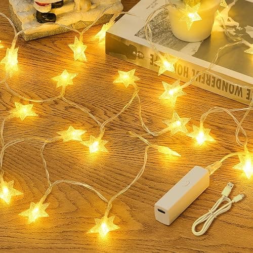 Rechargeable Star Fairy Lights Battery Operated with 8 Modes, 17FT 50LED String Lights Indoor with Timer, Twinkle Lights for Bedroom Dorm Tent Wedding Party Christmas Decorations, Warm White - Image 1