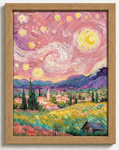 Framed Impressionist Pink Starry Sky Rural landscape Canvas Wall Art | Vibrant Colors Landscape Decor Picture Romantic Countryside Mountain Field Poster Prints for Art Lover Room Home Decoration - Image 1