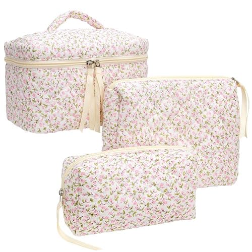 3PCS Makeup Bag SET Large Travel Quilted Zipper Soft Cosmetic Case Pouch for Women Girls Make Up,Floral Pink - Image 1