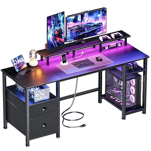 Furologee 61" Gaming Desk with Power Outlets & LED Lights, Reversible Computer Desk with File Cabinet & Monitor Stand for Home Office, Large Work Table with Storage Shelves & Drawer, Black - Image 1