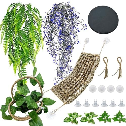 8PCS Bearded Dragon Hammock Reptile Basking Platform Rock Reptile Artificial Plants Leaves & Vines Lizard Habitat Decor Terrarium Tank Accessories for Hiding & Climbing Snake Gecko Bird Chameleon - Image 1