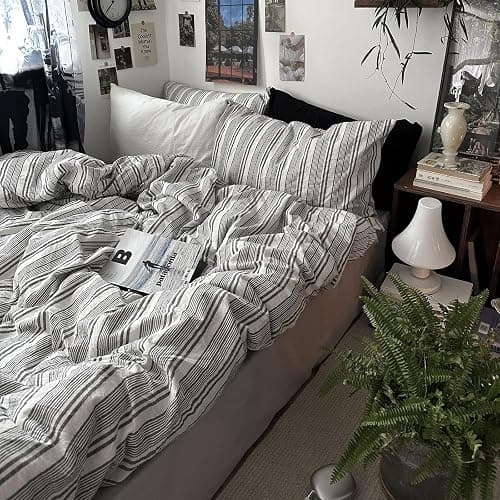 mixinni Vintage Gray & White Striped Duvet Cover Set - 3 Piece 100% Washed Cotton Queen Size Bedding | Minimalist Gender-Neutral Design | Ultra-Soft Breathable, with Zipper Closure & Corner Ties - Image 1