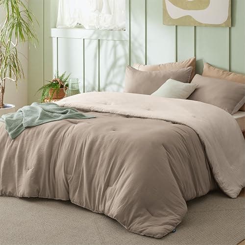 Bedsure King Size Comforter Set, Reversible Khaki Soft Prewashed Bedding for All Seasons, 3 Pieces Warm Down Alternative Bed Set, 1 Lightweight Comforter (104"x90") and 2 Pillowcases (20"x36") - Image 1