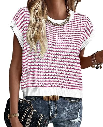 PRETTYGARDEN Womens Short Sleeve Sweater Spring Summer 2026 Round Neck Striped Pullover Cap Sleeve Knit Sweater Vest Tops - Image 1