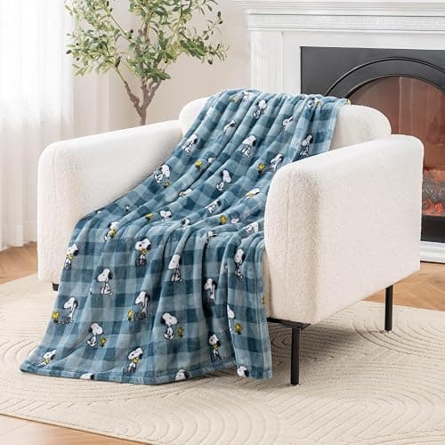 Berkshire Blanket Peanuts® VelvetLoft® Cute Character Snoopy Plush Throw Blanket,Peanuts Snoopy Everyday Buffalo Plaid Navy Tonal,Throw 55 in x 70 in (Official Peanuts® Product) - Image 1