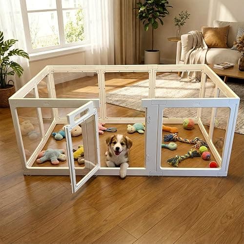 Transparent Indoor Dog Playpen with Safety Lock, Indoor Dog Fence for Small & Medium Pets | Secure, Stylish, Easy Clean Play Pen for Dogs & Pets with Scratch Resistant Panels (White, 10 Panel) - Image 1