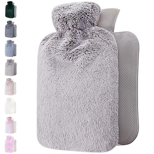 Bouillotte avec Housse en Peluche - Housse en Peluche Moelleuse et Douce - Grande Capacité 1,8 L - Bouillotte Eau Chaude pour Soulagement de la Douleur & Nuits Chaudes Cosy - Gris Clair - Image 1
