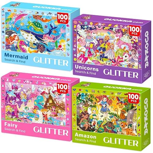 QUOKKA 100 Piece Puzzles for Kids Ages 4-6 – 4 Set Princess Puzzles for Kids Ages 6-8 with Unicorn, Mermaid, Fairy – Search and Find Jigsaw Game for Girls 5-8 – Learning Toy Gift for Toddlers 3-5 - Image 1
