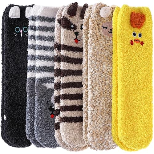 DYW Fuzzy Socks for Women Soft Cozy Fluffy Winter Warm Slipper Socks Home Sleeping Animal Socks - 5 Pairs Animal B - Image 1
