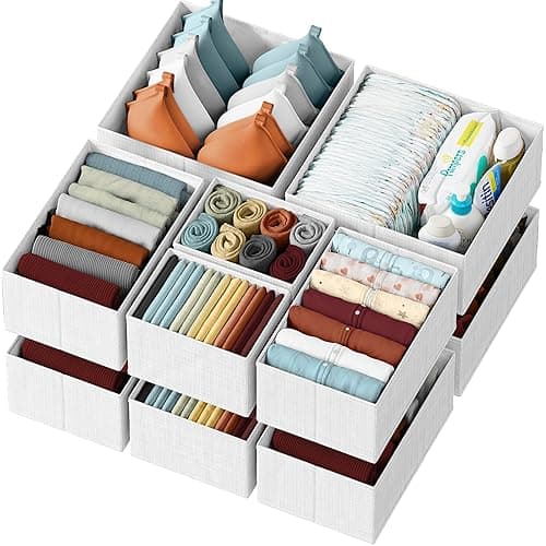 Drawer Organizer Clothes Set of 12 White-Grey - Dresser Organizer For Nursery, Bedroom, Closet - Perfect Baby Clothes Organizer and Storage & General Nursery Organization or Dresser Drawer Organizers - 12 Baskets - White-Grey - Image 1